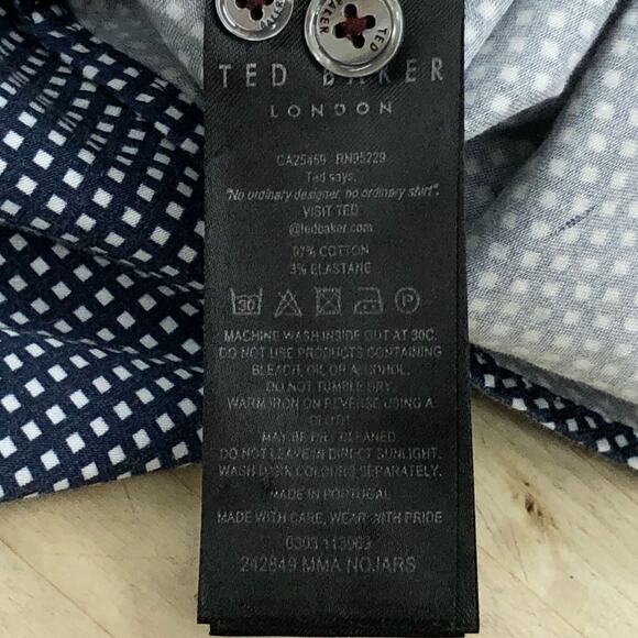 Ted Baker Shirt Mens M Navy Geometric Short Sleeve Button Up Cotton Stretch - Picture 13 of 15